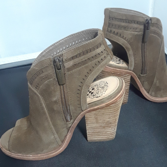 Vince Camuto Koral Block Heel Open Toe Booties Brown Suede Zip Up Size 4.5M - Picture 3 of 8